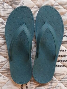 Teal Logo-Embossed Coach Flip Flop Sandals 8.5